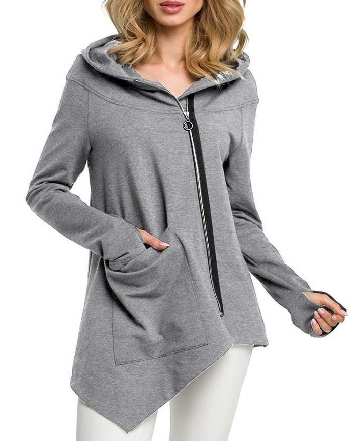 EMMIOL Diagonal Zipper Pocket Asymmetrical Hem Hoodie