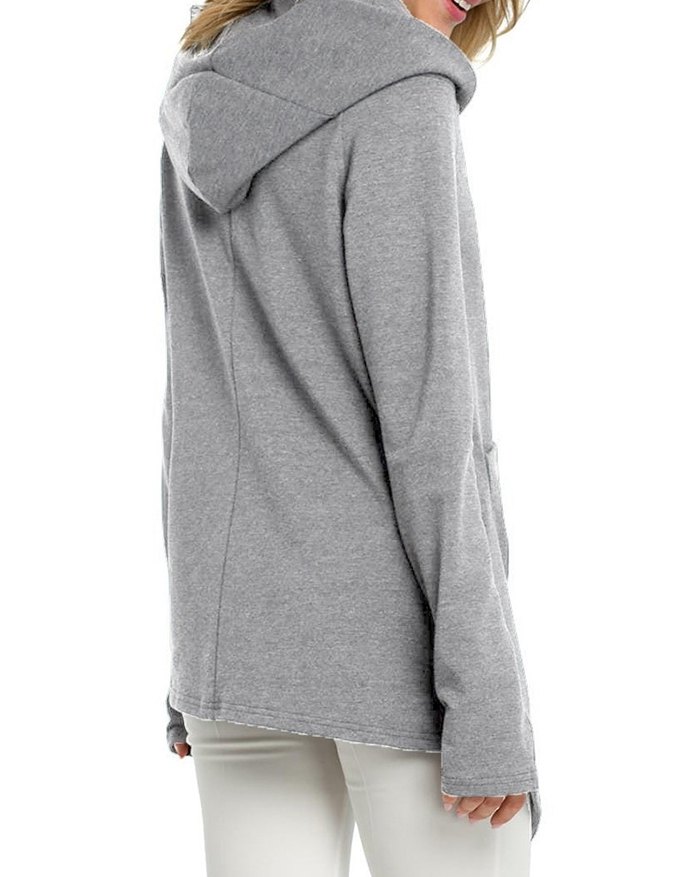 EMMIOL Diagonal Zipper Pocket Asymmetrical Hem Hoodie