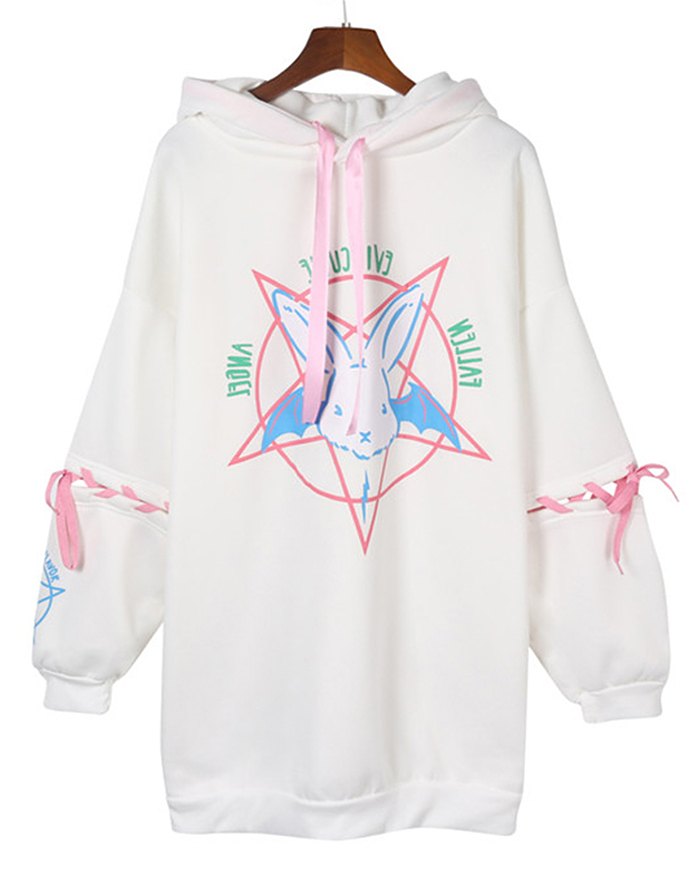 EMMIOL Sudadera con capucha y mangas con cordones y estampado de conejo