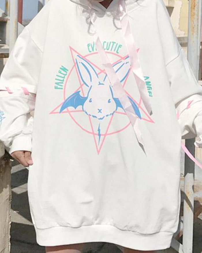 EMMIOL Sudadera con capucha y mangas con cordones y estampado de conejo