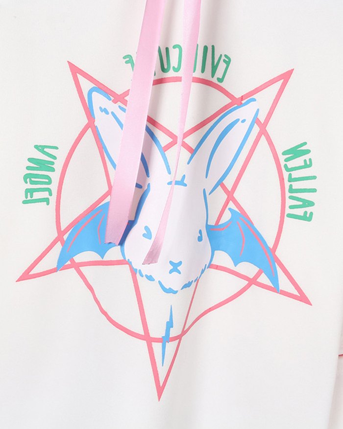 EMMIOL Sudadera con capucha y mangas con cordones y estampado de conejo