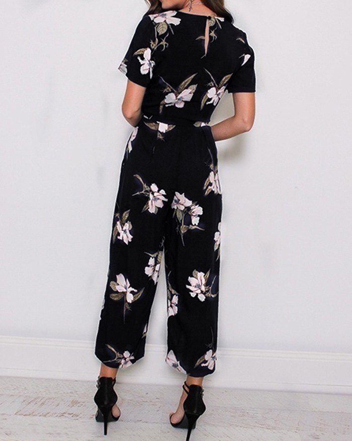 EMMIOL Mono de pierna ancha con cintura elástica con cordones y estampado floral