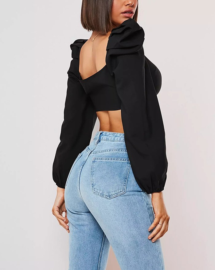 EMMIOL Blusa corta fruncida con escote corazón en la parte delantera