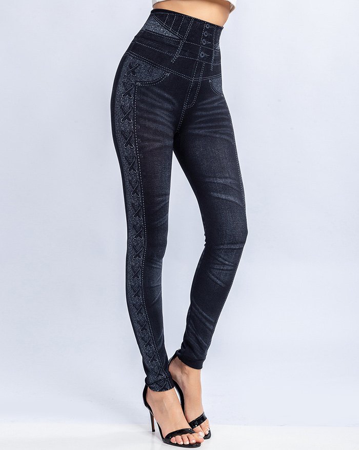 EMMIOL Legging de mezclilla falsa con estampado lateral