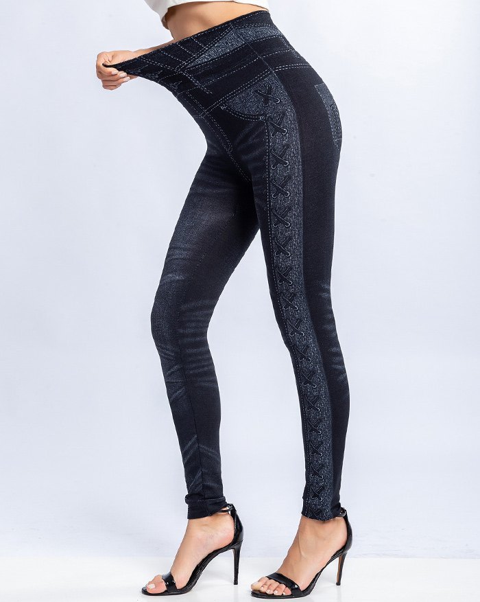 EMMIOL Legging de mezclilla falsa con estampado lateral