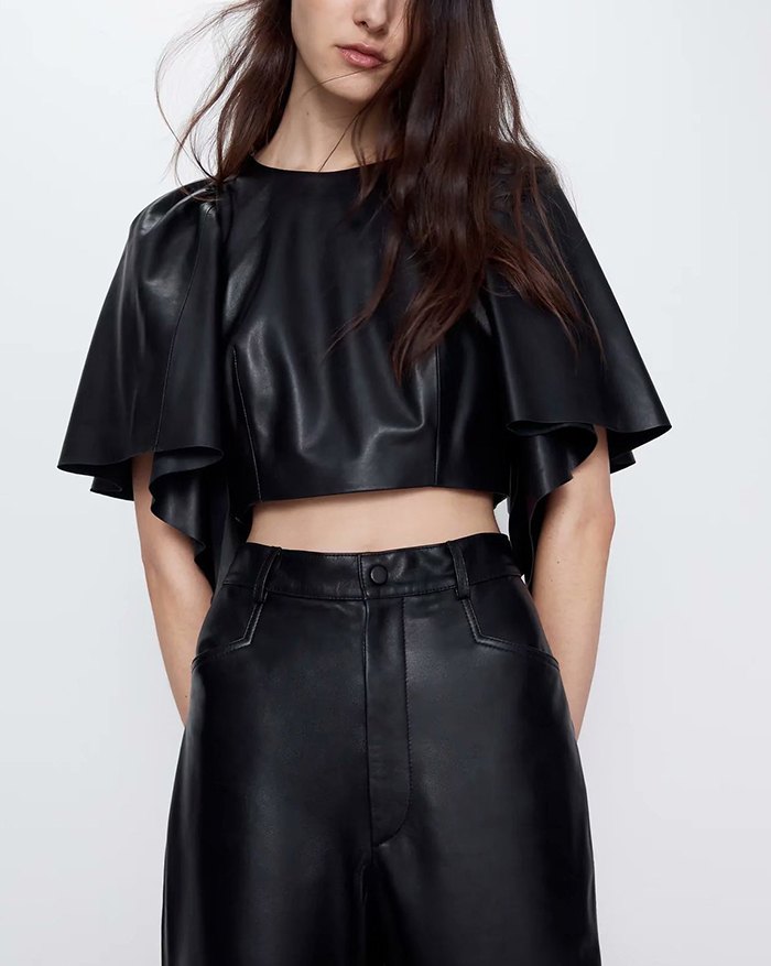 EMMIOL Faux Leather Back Zipper Blouse