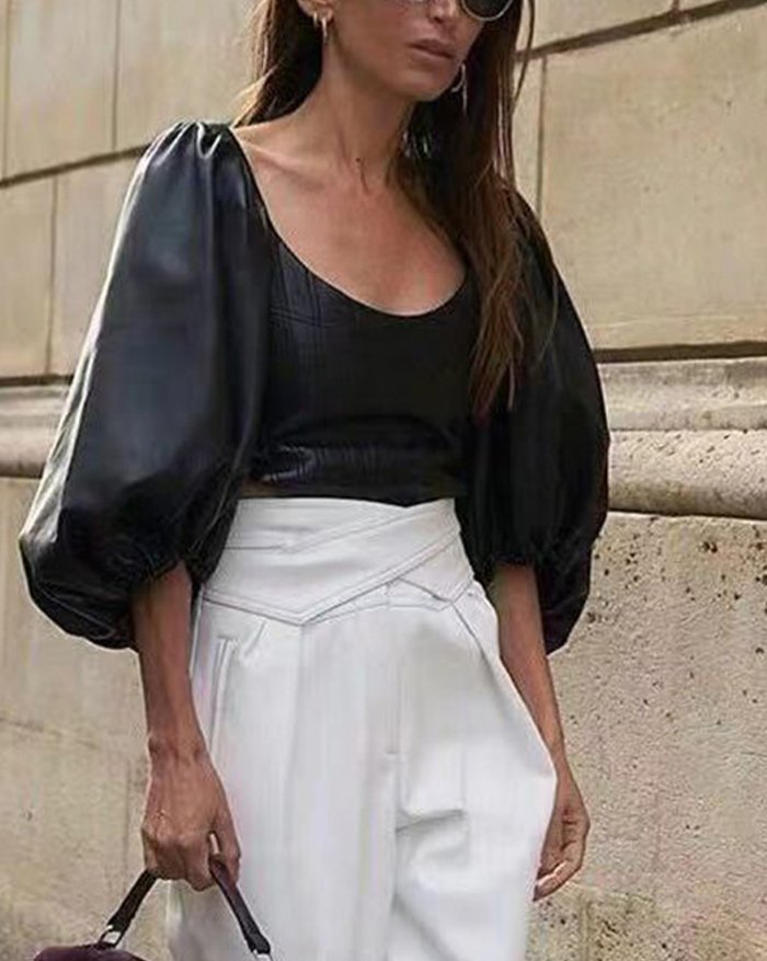 EMMIOL PU Leather Puff Sleeve Blouse