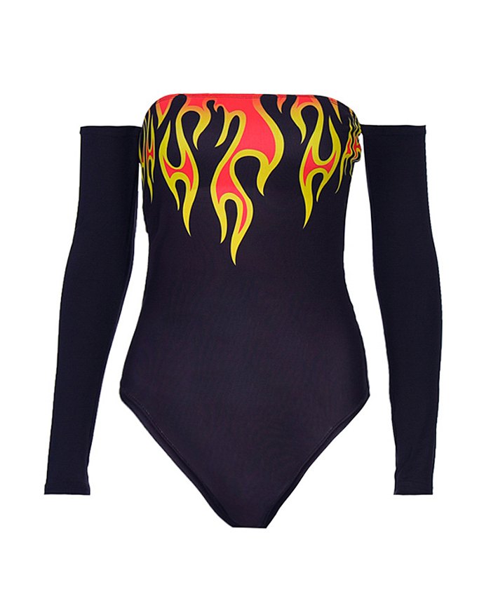 EMMIOL Off Shoulder Flame Print Bodysuit