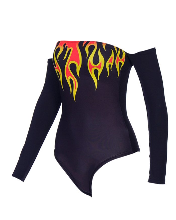 EMMIOL Off Shoulder Flame Print Bodysuit