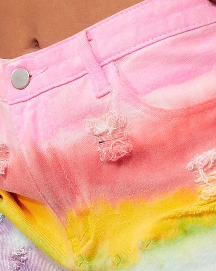 EMMIOL Rainbow Ripped Denim Shorts