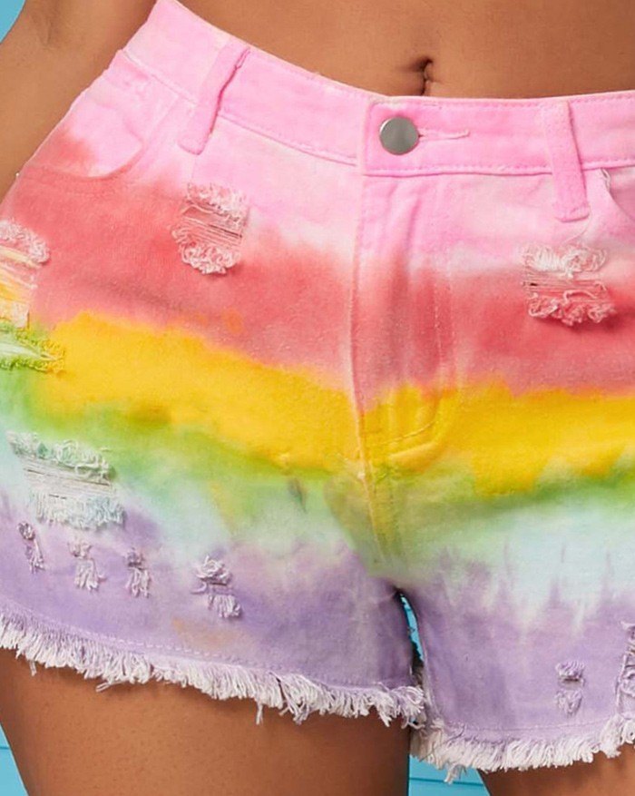 EMMIOL Rainbow Ripped Denim Shorts