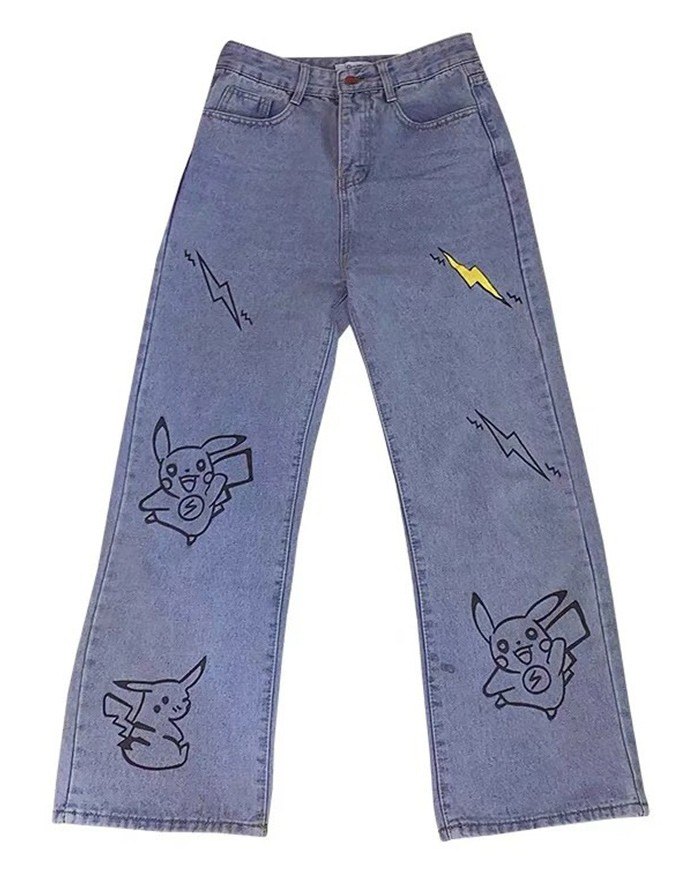 EMMIOL Pantalones vaqueros de Pikachu de dibujos animados de Harajuku