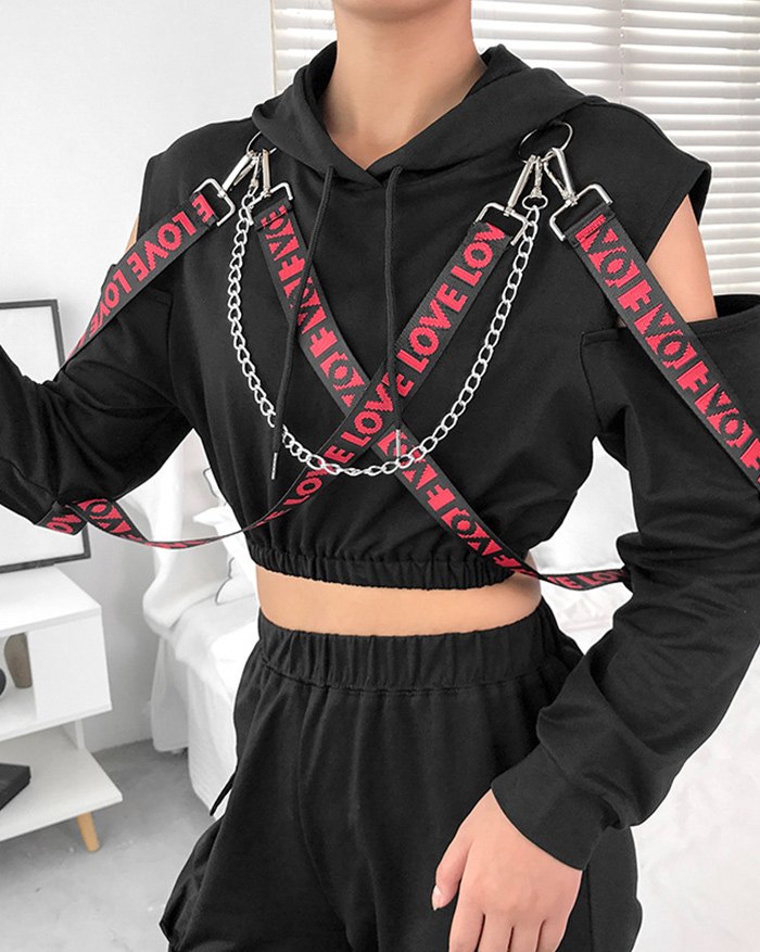 EMMIOL Cold Shoulder Printed Cropped Hoodie