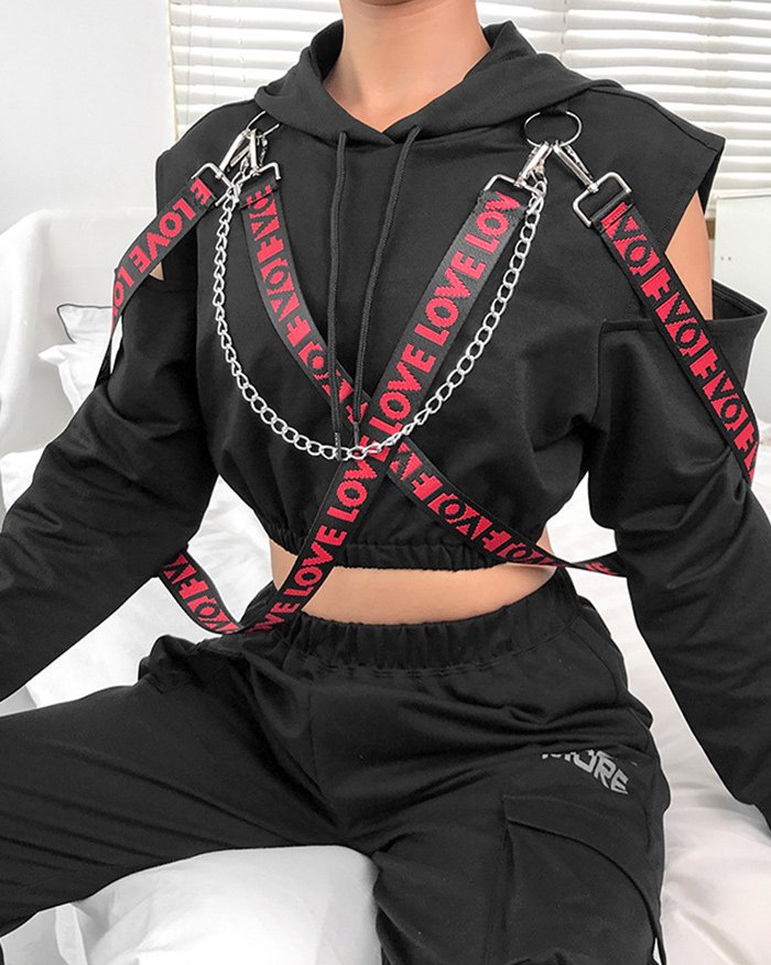 EMMIOL Cold Shoulder Printed Cropped Hoodie
