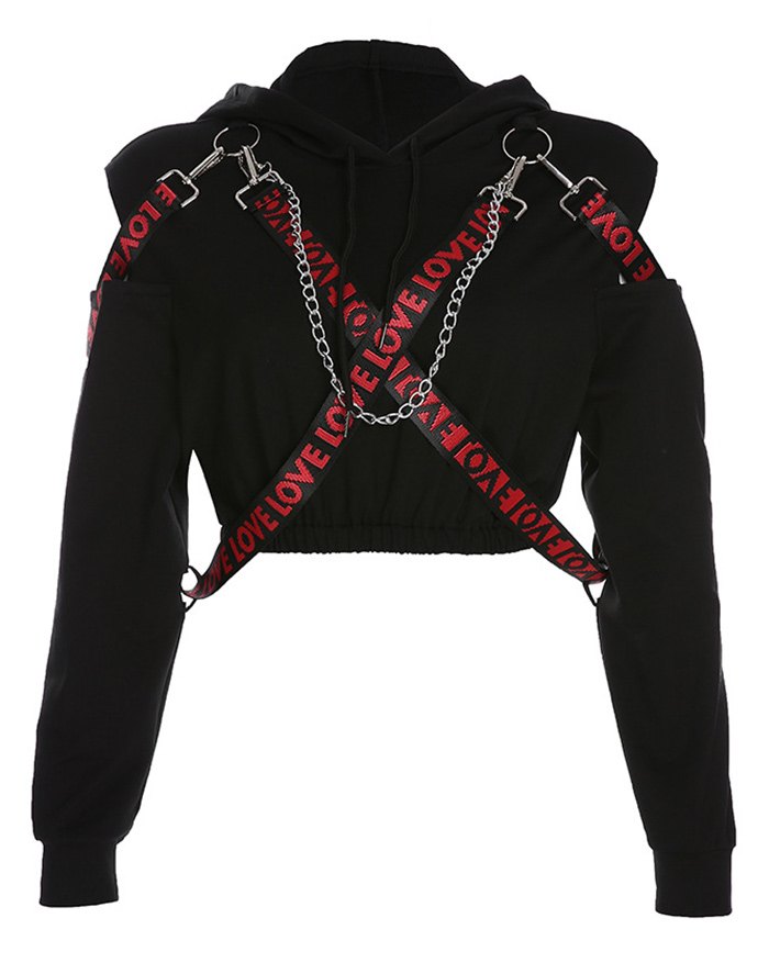 EMMIOL Cold Shoulder Printed Cropped Hoodie