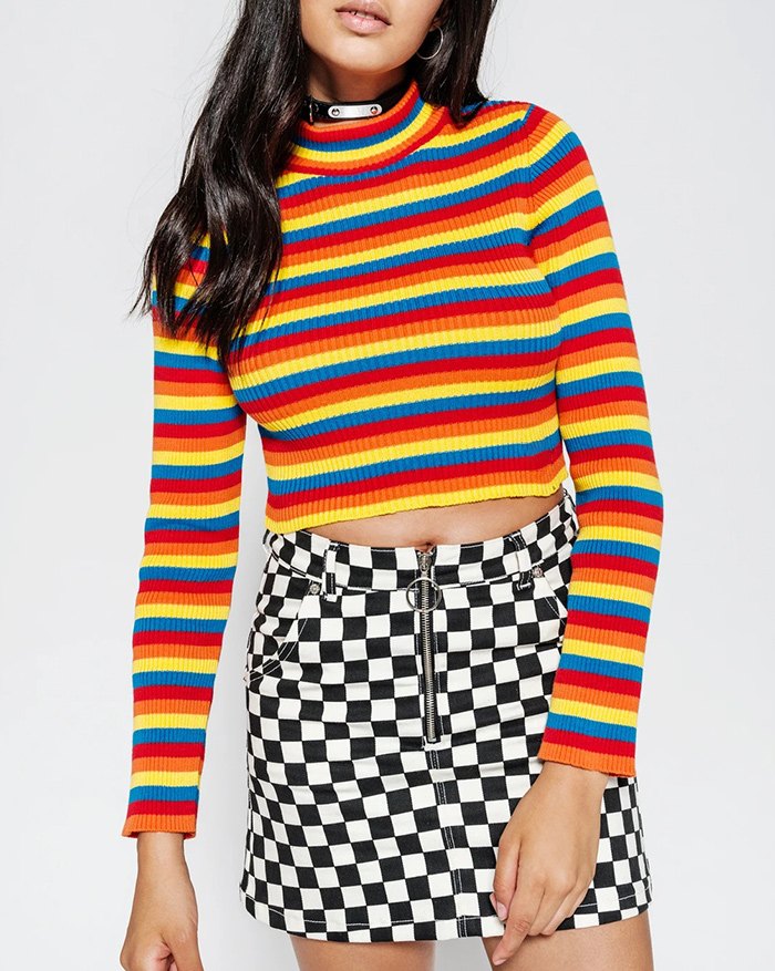 EMMIOL Rainbow Striped Pullover Cropped Knit