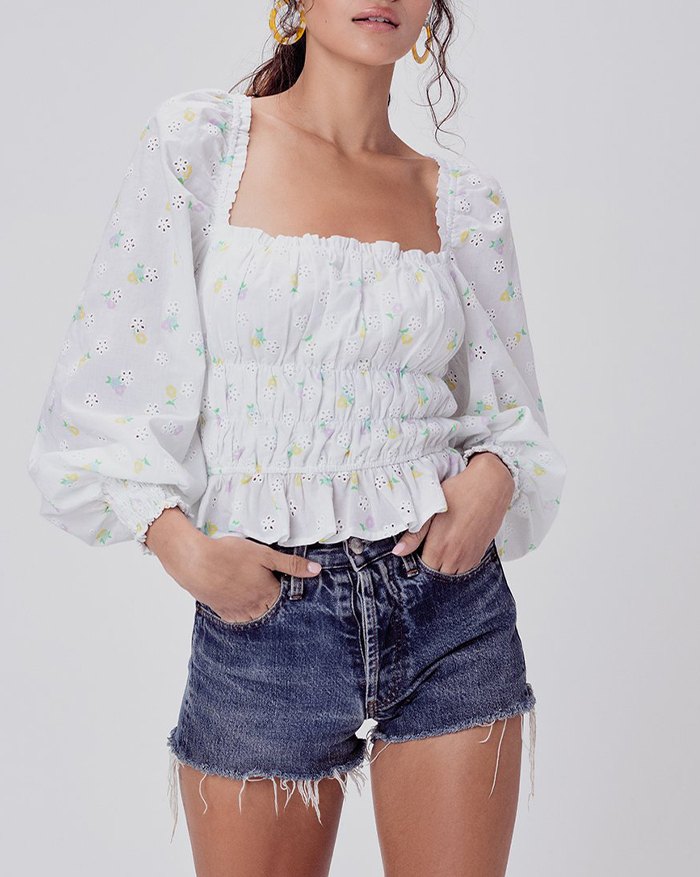 EMMIOL Blusa de manga abullonada con ojales y estampado floral
