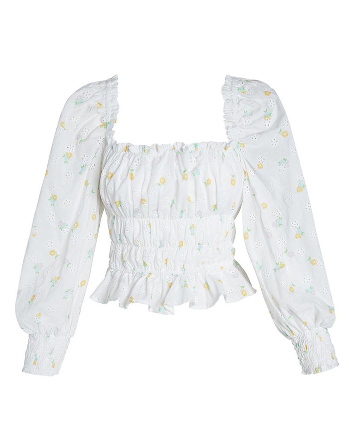 EMMIOL Blusa de manga abullonada con ojales y estampado floral