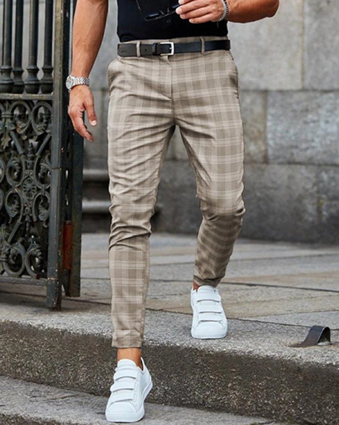 Men's casual grid skinny long pants Outlet