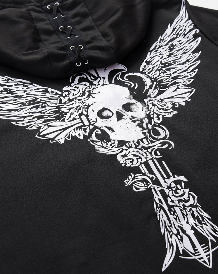 EMMIOL Felpa con cappuccio e cravatta a occhiello con stampa di ali di teschio