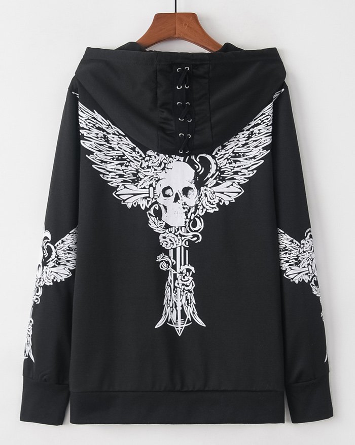 EMMIOL Felpa con cappuccio e cravatta a occhiello con stampa di ali di teschio