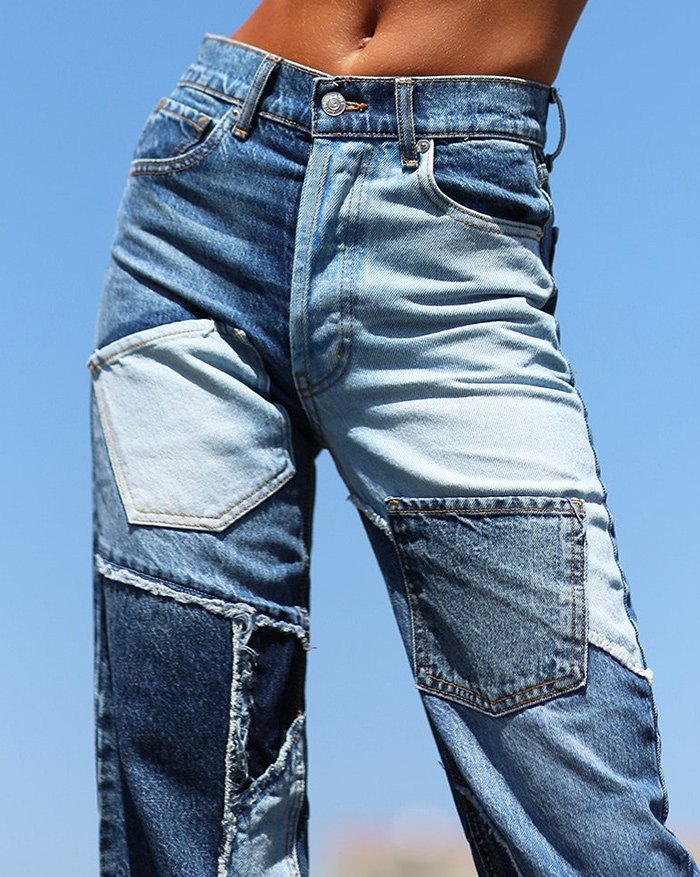 EMMIOL High Waist Patchwork Straight Jeans