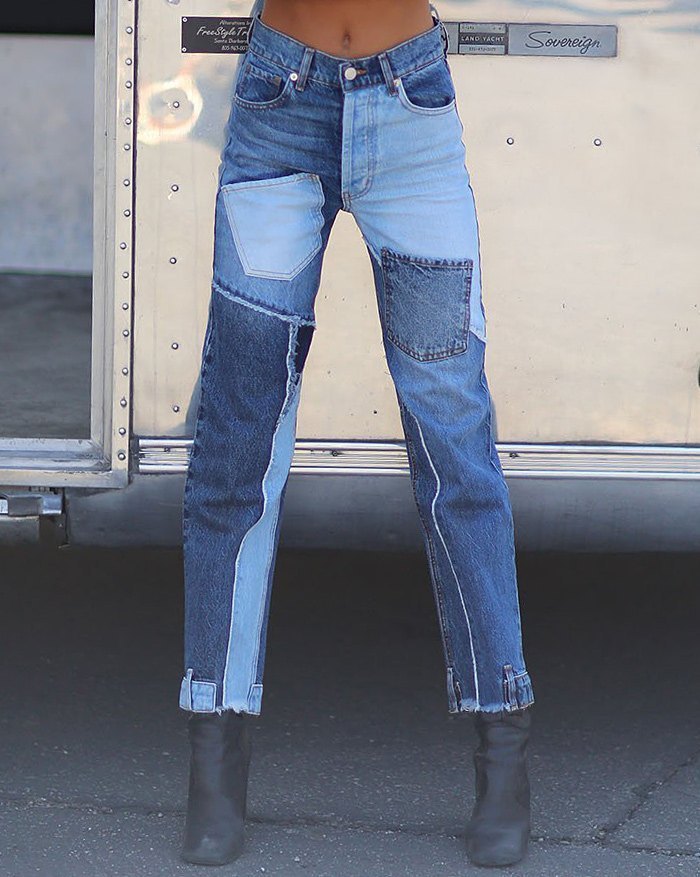 EMMIOL High Waist Patchwork Straight Jeans