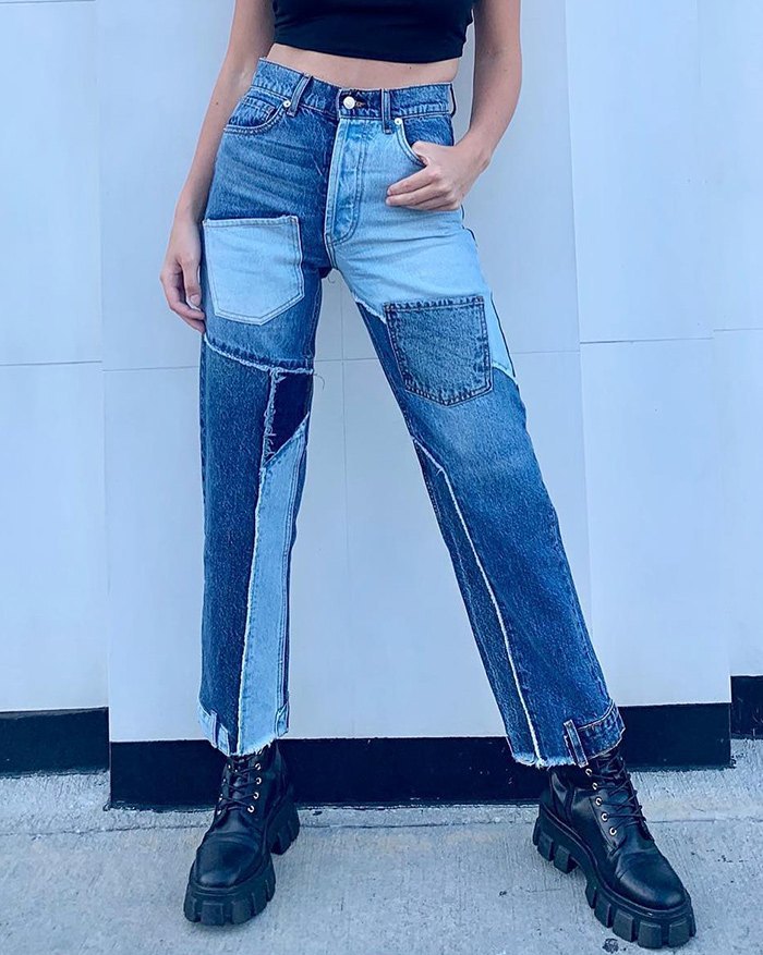 EMMIOL High Waist Patchwork Straight Jeans