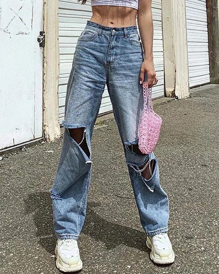 EMMIOL Vaqueros rotos de pierna ancha