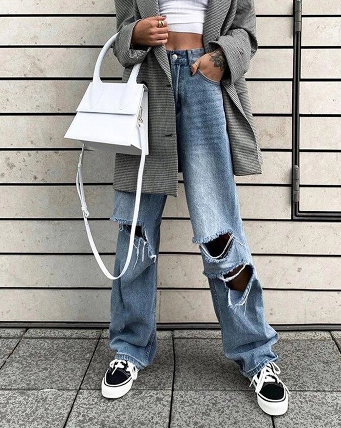 EMMIOL Vaqueros rotos de pierna ancha
