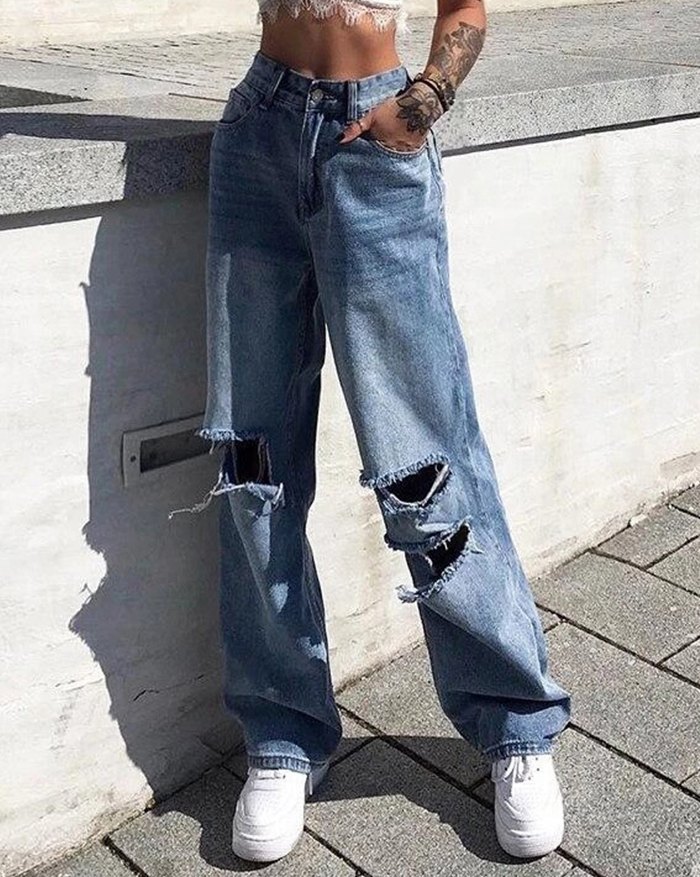 EMMIOL Vaqueros rotos de pierna ancha