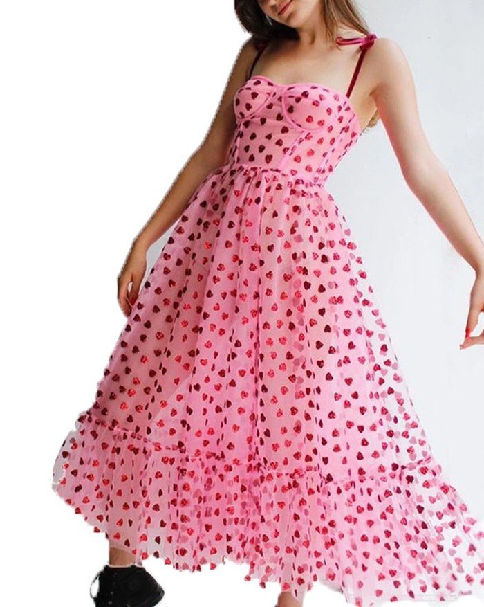 2021 Heart Beaded Mesh Sling Maxi Dress Pink XL In Maxi Dresses Online Store. Best For Sale 