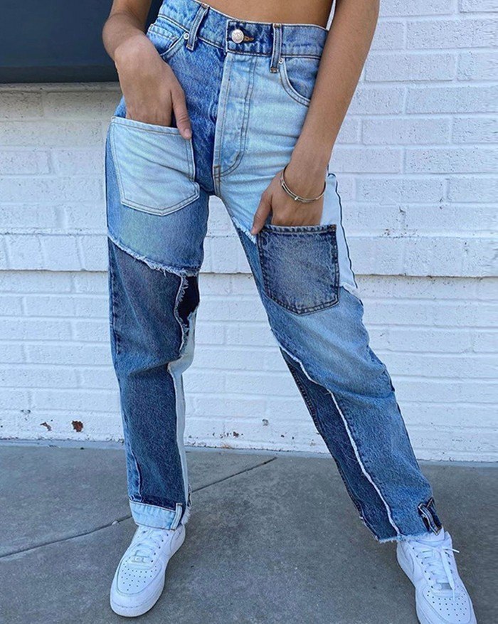 EMMIOL High Waist Patchwork Straight Jeans