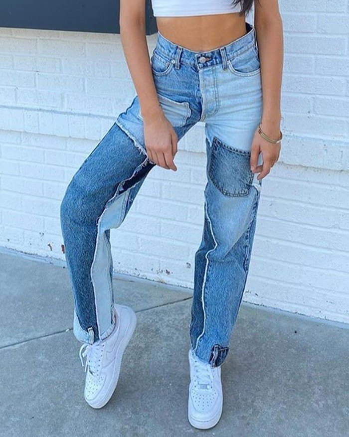 EMMIOL High Waist Patchwork Straight Jeans