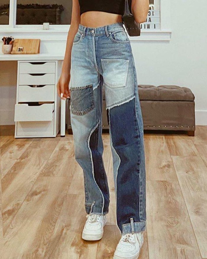 EMMIOL High Waist Patchwork Straight Jeans