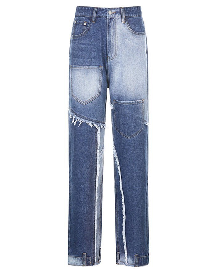 EMMIOL High Waist Patchwork Straight Jeans