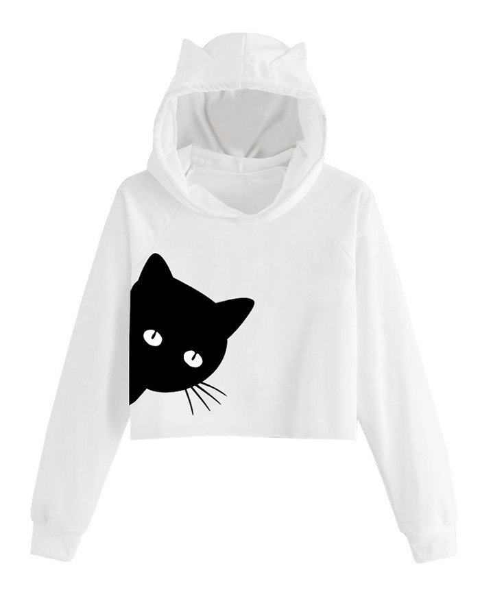 EMMIOL Sudadera con capucha y orejas de gato con estampado de gato