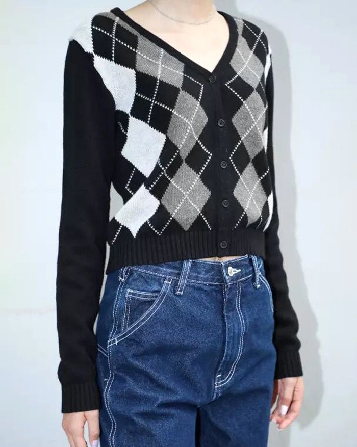 EMMIOL Plaid Knitted Cardigan