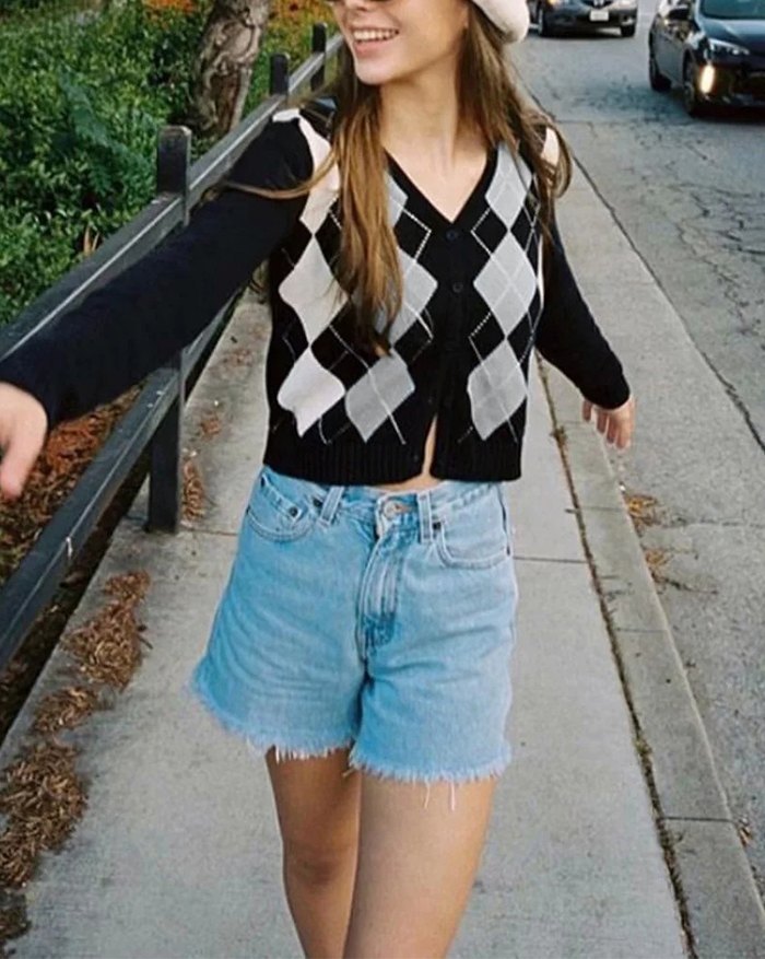 EMMIOL Plaid Knitted Cardigan