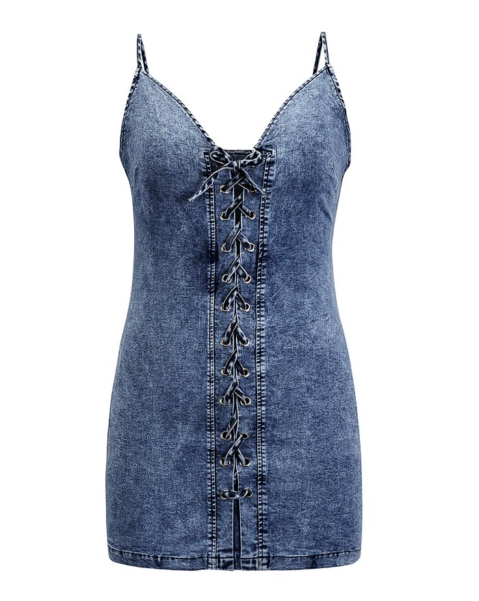 Emmiol Free shipping 2026 Eyelet Lace-Up Denim Bodycon Mini Dress Blue S in  Mini Dresses online store. | EMMIOL