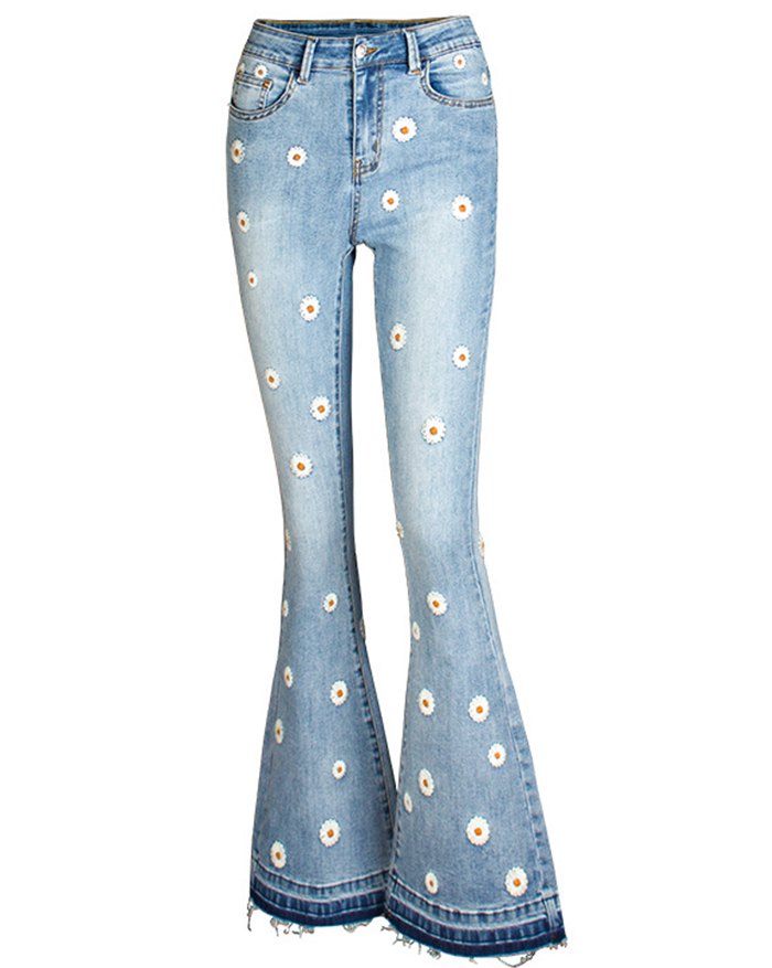 EMMIOL Jeans a zampa ricamati margherite