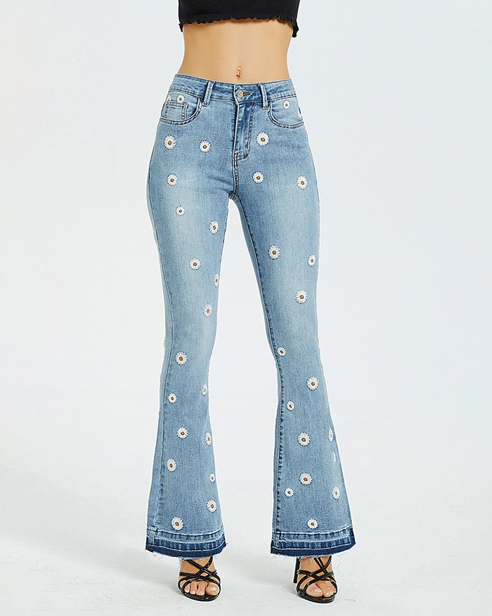 EMMIOL Jeans a zampa ricamati margherite