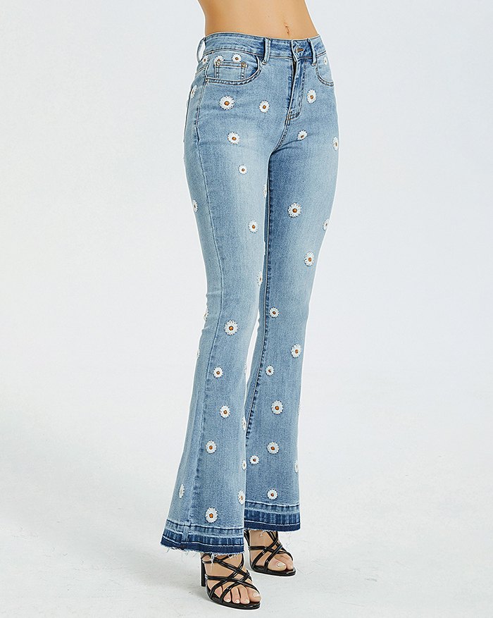 EMMIOL Jeans a zampa ricamati margherite