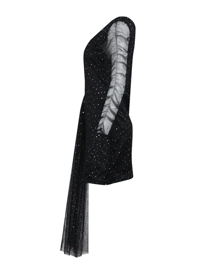 EMMIOL Minivestido de fiesta de malla transparente con purpurina
