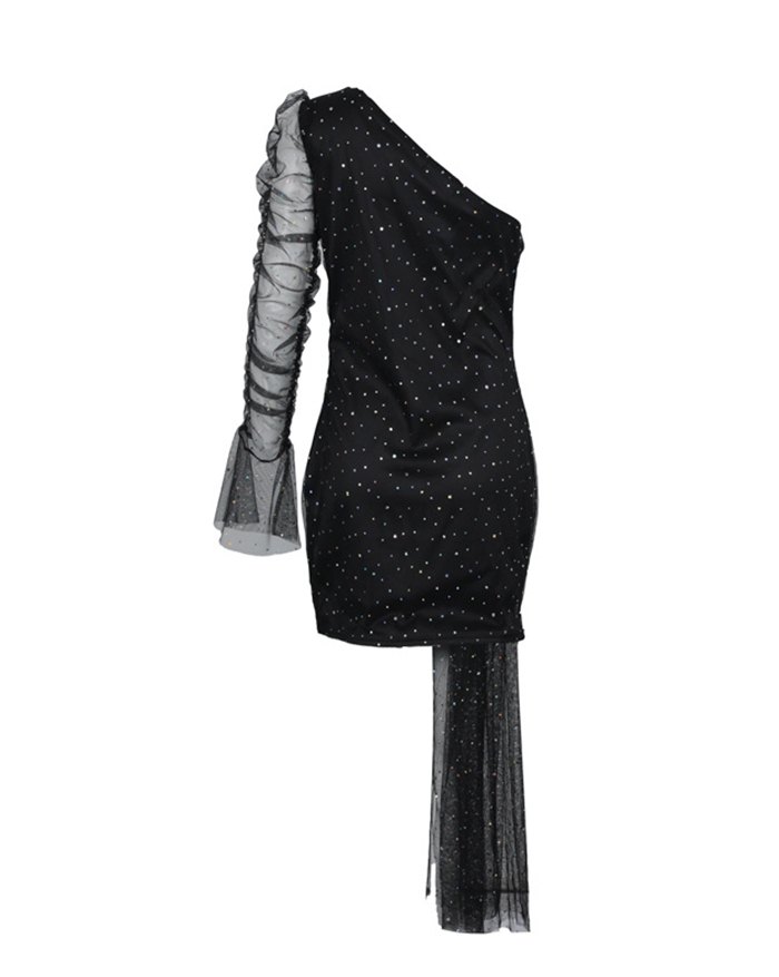 EMMIOL Minivestido de fiesta de malla transparente con purpurina