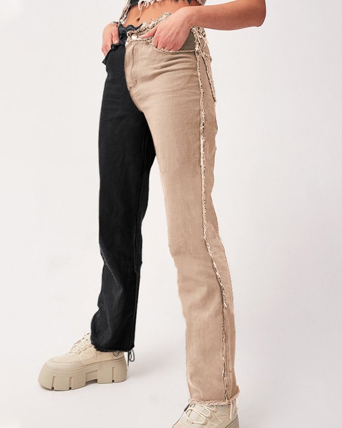 2022 Jeans con bordi sfilacciati a blocchi di colore Nero XL In Jeans  boyfriend Online Store. Best For Sale | Emmiol.com