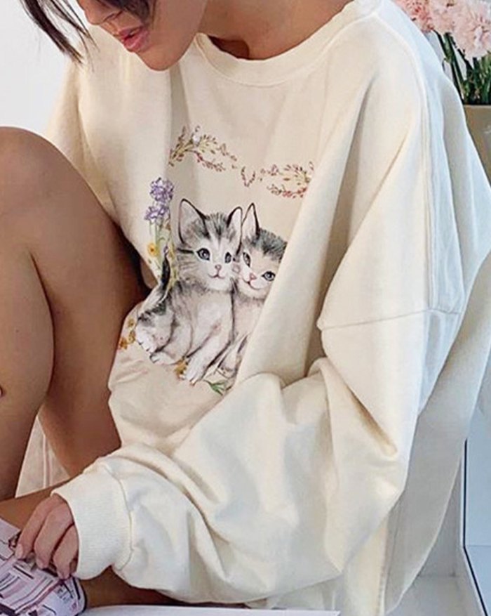 EMMIOL Nettes Cat Print Sweatshirt