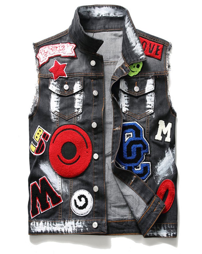 EMMIOL Chaqueta de chaleco de mezclilla con pintura bordada para hombre