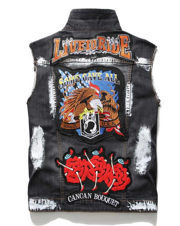 EMMIOL Men's Embroidered Paint Denim Vest Jacket