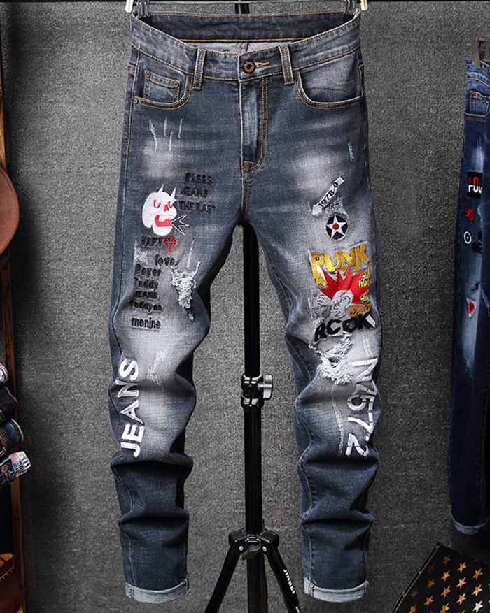 EMMIOL Vaqueros rasgados con bordado de letras para hombre